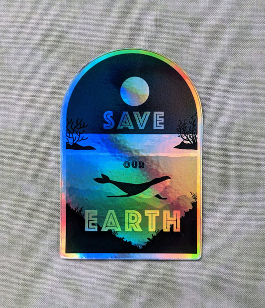 Arched sticker with ocean whale scene reading "Save our earth" created by Jackie from Present