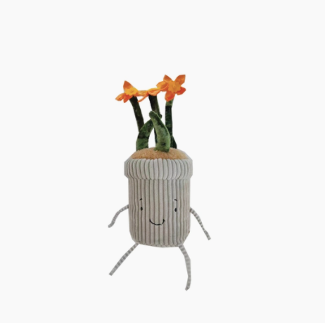 Daffodil Plant stuffed animal plush with orange flowers and a gray pot by Bunnies by the Bay