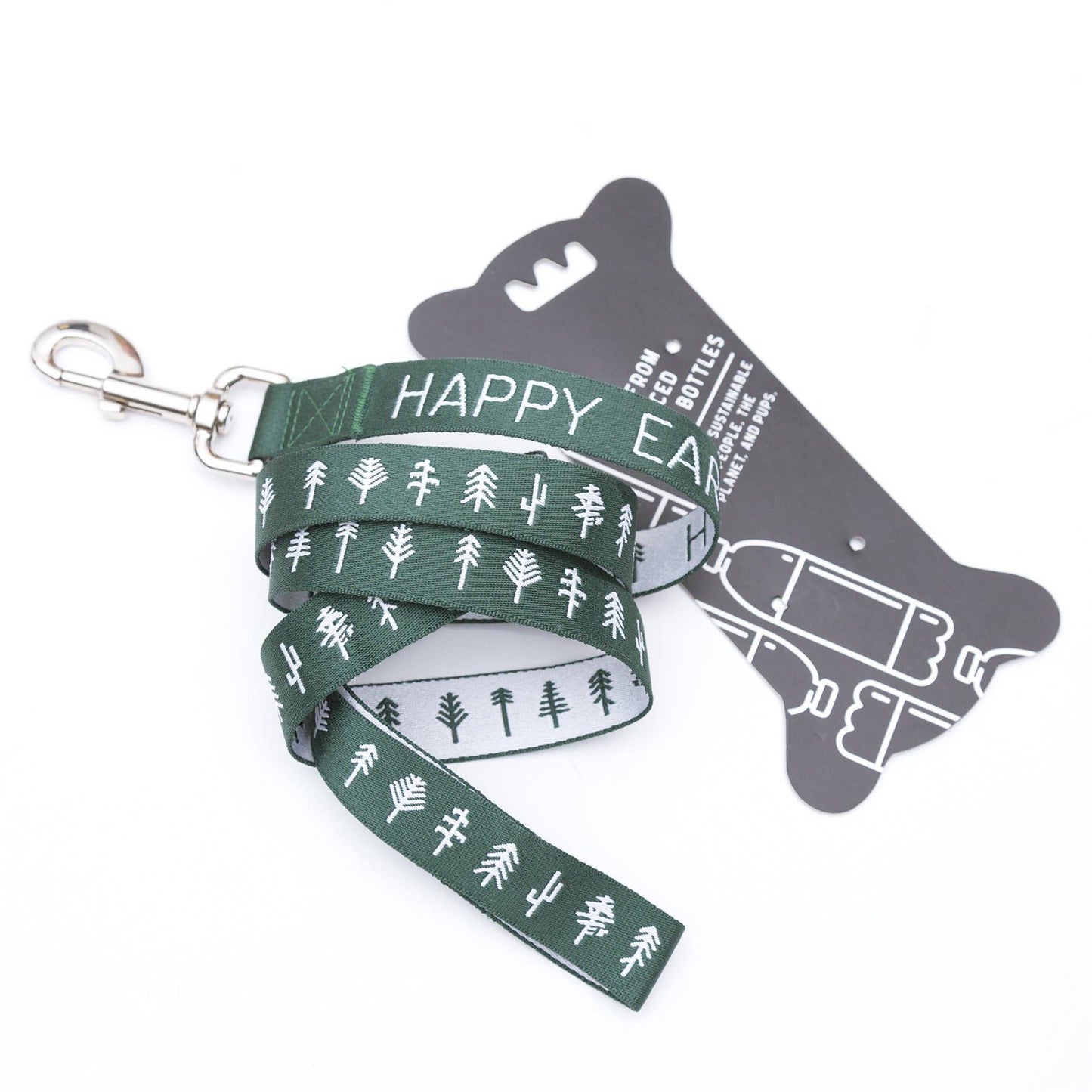 Recycled green and white dog leash with tree design by Happy Earth