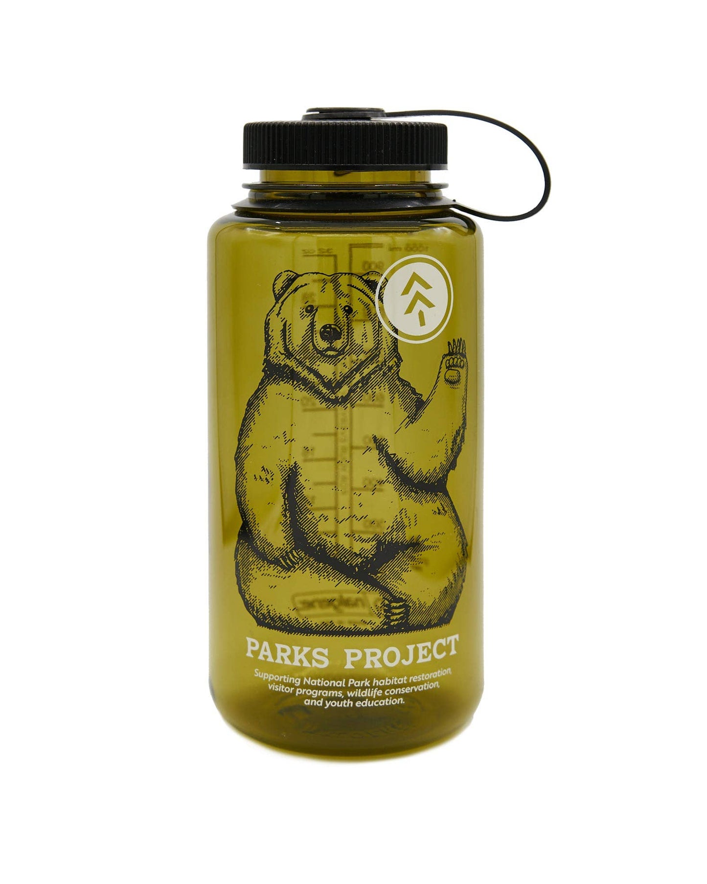Green and black Nalgene water bottle with bear by Parks Project