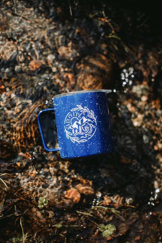 Blue Metal Camp Mug with Lid + mountain, coastal nature scene by Miir and Good + Well Supply Co
