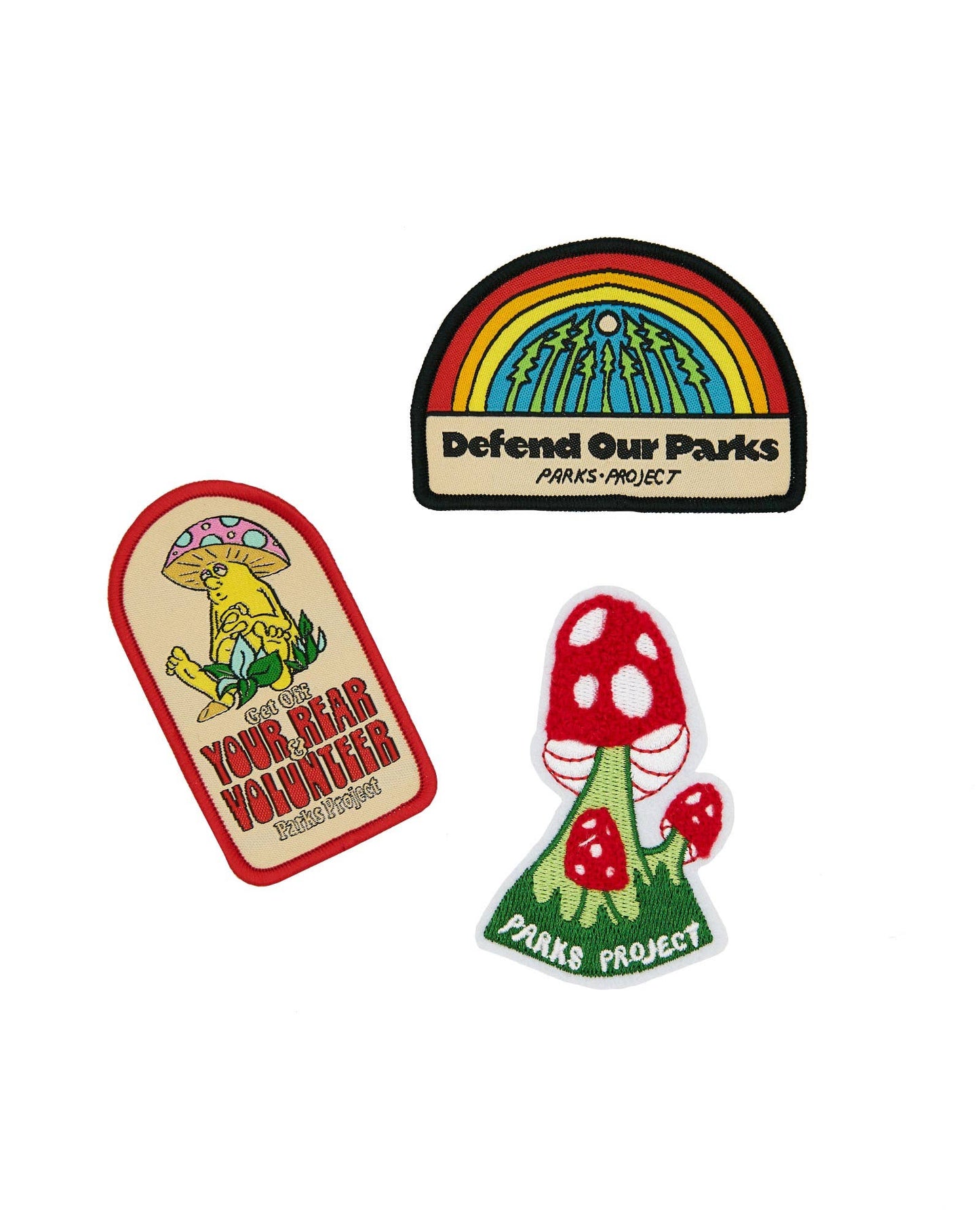 Patch collection by Parks Project with Defend Our Parks rainbow forest patch, Mushroom Get off your rear and volunteer patch and Mushroom Parks Project patch