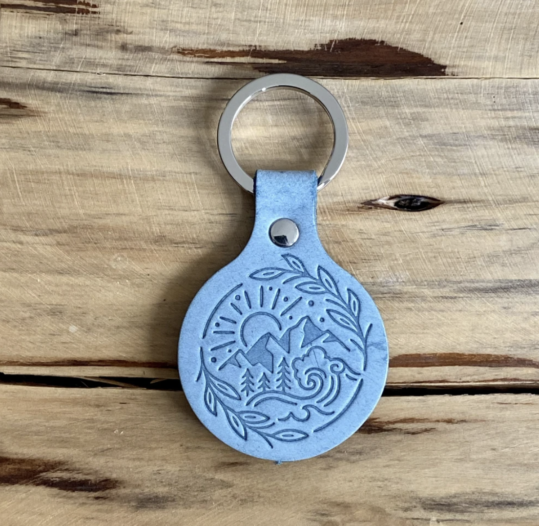 Blue Leather keychain with mountain, ocean nature scene by Good + Well Supply Co