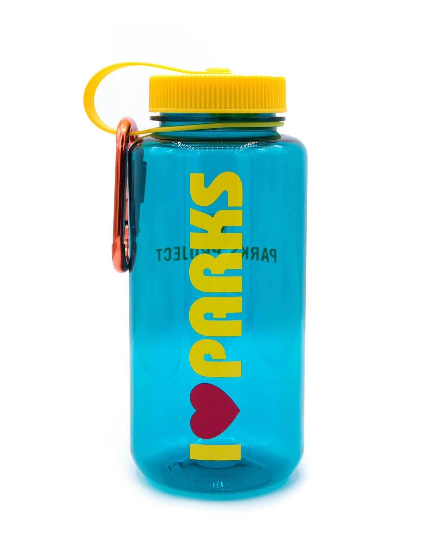 Blue and Yellow Nalgene water bottle that reads I Heart Parks by Parks Project