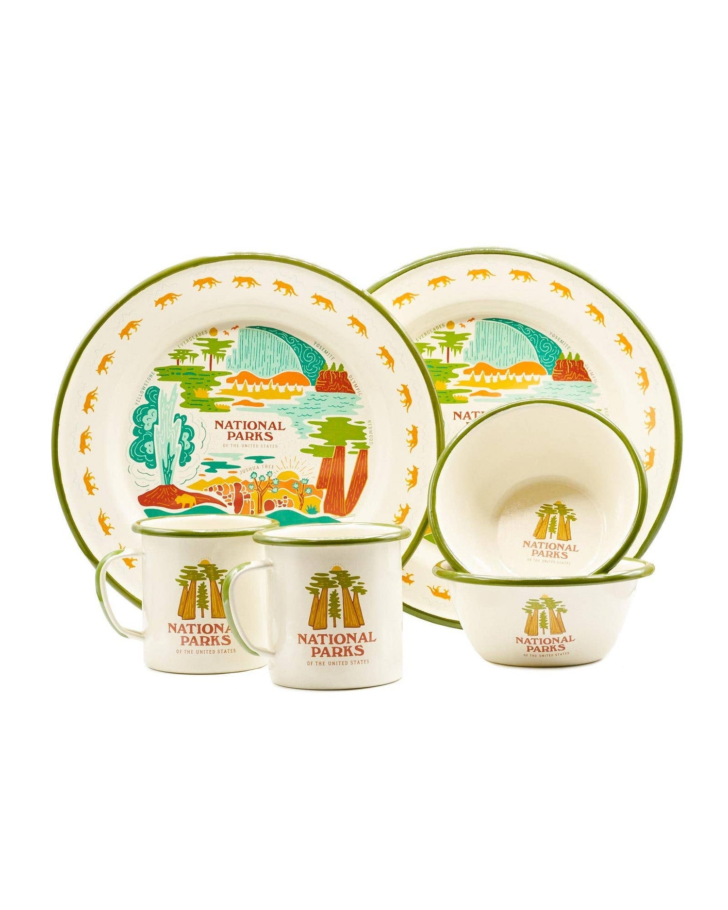National Parks enamelware dish set with two plates, two mugs and two bowls by Parks Project