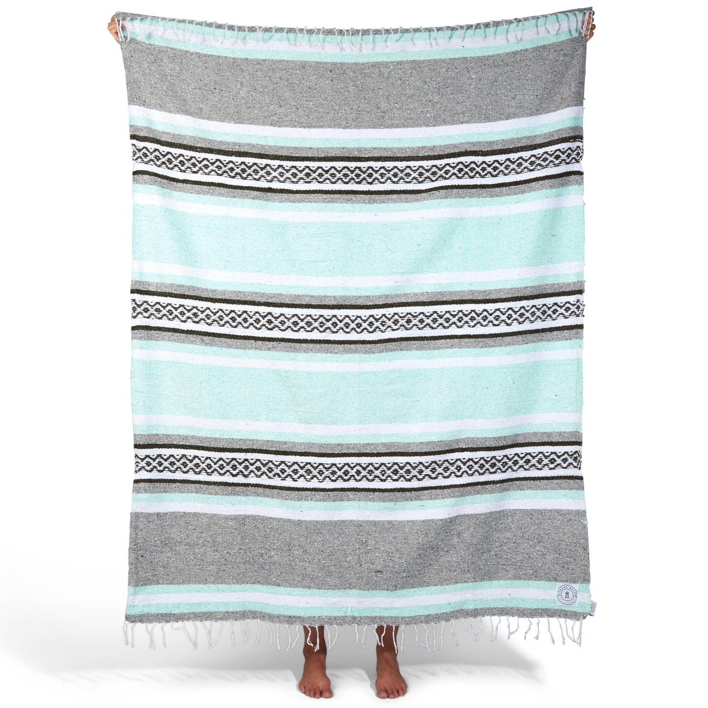 Mexican Serape Blanket in gray and bright blue by Laguna Textile Co
