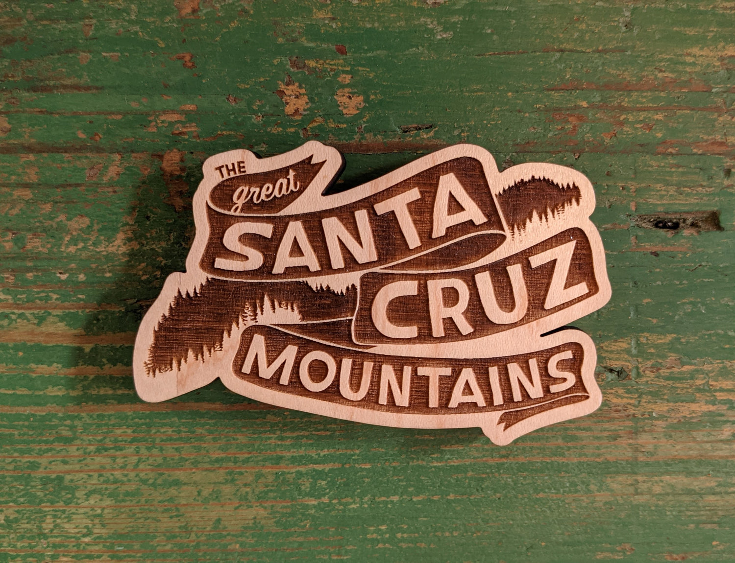 Wooden magnet of Great Santa Cruz Mountains banner logo