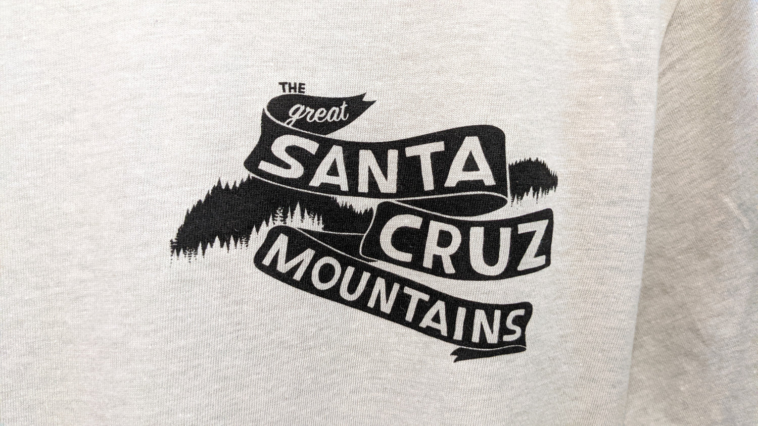 Close up of shirt front in light gray by Great Santa Cruz Mountains