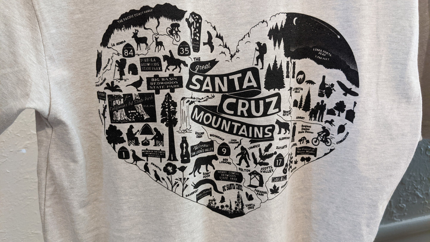 Close up of heart design on light gray shirt by Great Santa Cruz Mountains